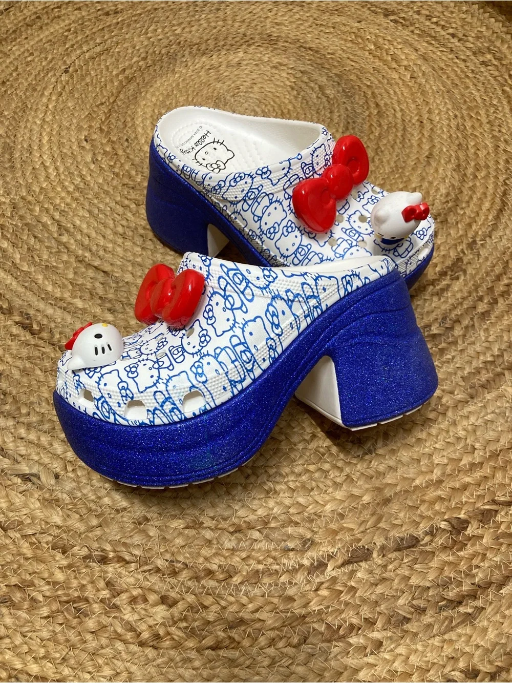 CROCS White & Blue Hello Kitty Platform Clogs with Red Bow Charm